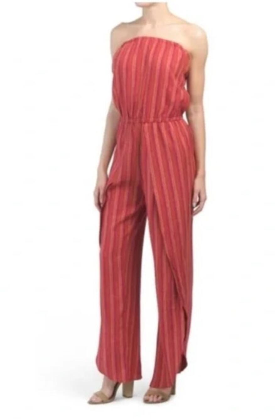 DREW Anthro red magenta split leg striped linen Emerson strapless jumpsuit